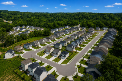 Aerial View of a Modern Suburban Neighborhood C Ottages at Riley Place