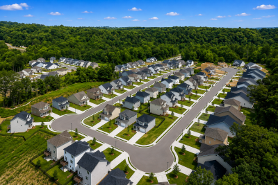 Aerial View of a New Suburban Community Cottages